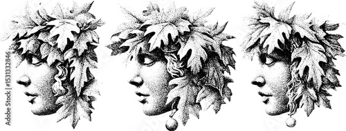 Forest nymphs with ivy wreath and oak leaf motif for nature-inspired designs and mythology themes
