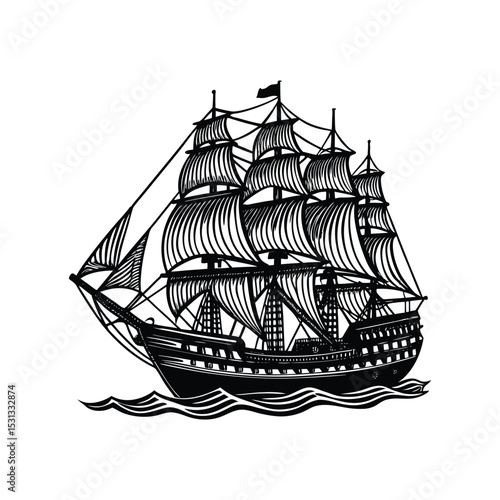 A Vintage engraving-style illustration of a large sailing ship silhouette design.