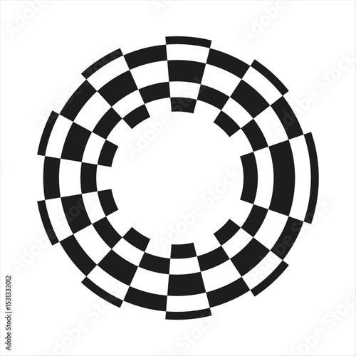 Abstract checkered circle frame vector illustration. Vintage black and white alternating square tiles circular border. Checkerboard round race flag.