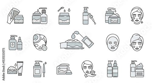 Vector icons Set of  Collection of Skincare Products and Treatments for Facial Care. Vector Illustrations