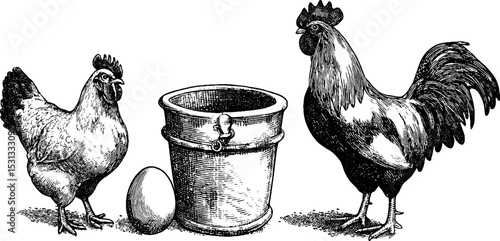 Rustic farmyard scene with free range hen, rooster, and egg silhouettes