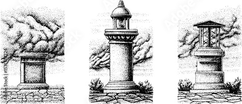 Artistic depictions of ancient architectural structures against dramatic skies