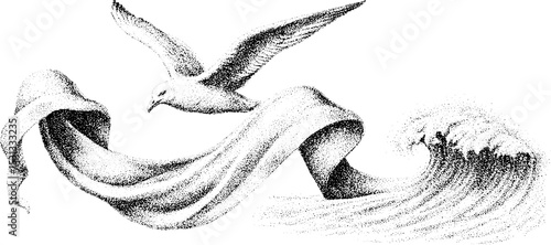Graceful seagull in flight with gale force ribbon and ocean wave design
