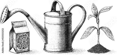 Gardening essentials: vintage trowel, watering can, seed packet, and sprouting plant design