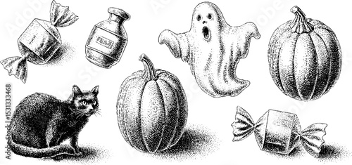 Halloween ghosts, pumpkins, black cat, and candy for festive design