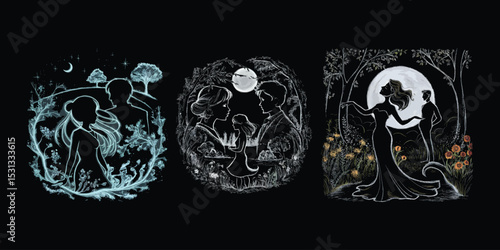 Romantic scenes illustrating love and relationships in silhouettes with moonlit night backgrounds