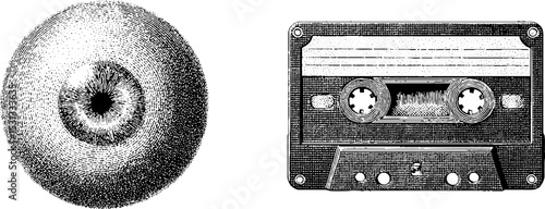 Retro cassette and eyeball illustration for vintage design concepts