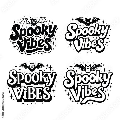 Set of four spooky vibes text designs with bats and star decorative elements