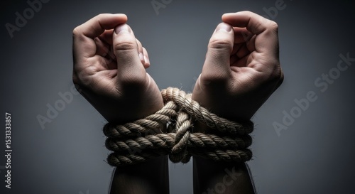 Close-up of tightly bound hands with coarse rope in a dark setting, symbolizing captivity, restraint, or oppression.