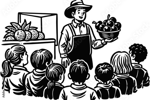 Farmer Educating Children About Fruits and Healthy Eating, farmer, children, fruits, education, healthy, eating, teaching, visual, lesson, sustainable, teacher, well, classroom, picture, plan, wellnes