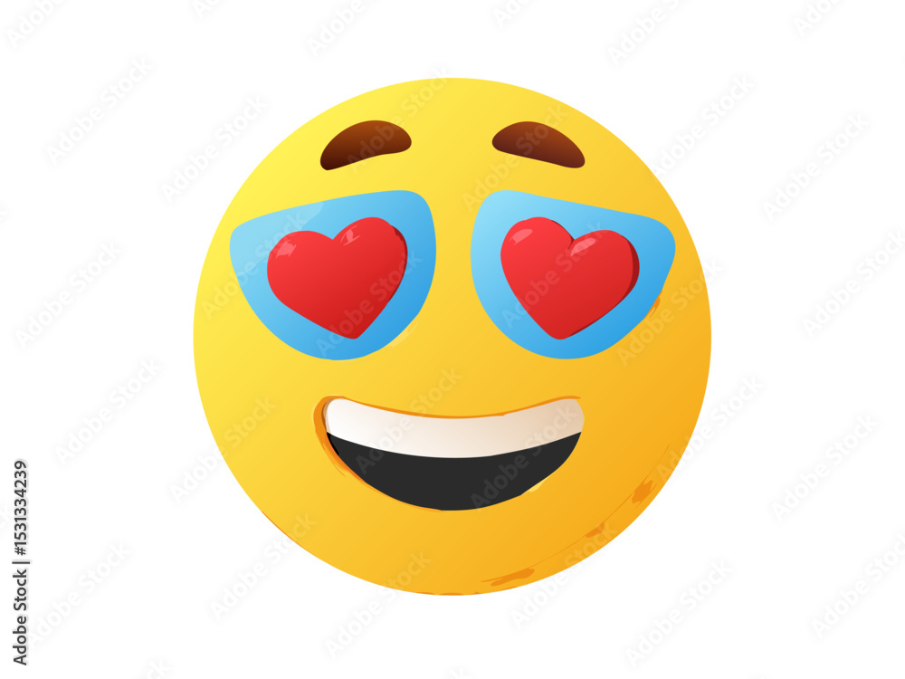 Fototapeta premium Smiling Face with Heart Eyes Emoji. Emotion 3d cartoon icon. Yellow round emoticon. Vector illustration .Love Heart Eyes Emoji Smiling Face