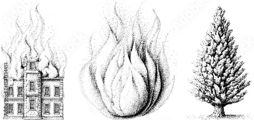 Dramatic scene of flames engulfing building and burning tree silhouette illustration