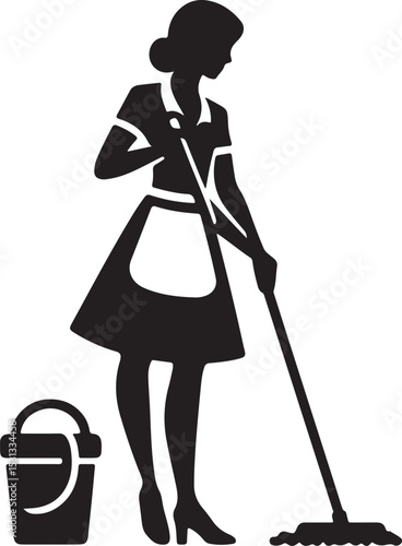 A silhouette of a woman mopping the floor with a bucket nearby in a white background