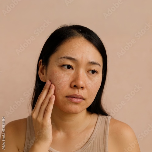Asian Woman with dry, peeling skin on her cheek gently touching face, highlighting skincare concerns such as dehydration, irritation, or eczema on neutral background.
