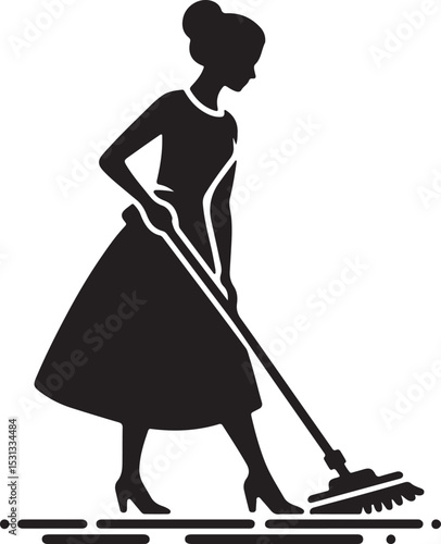 Silhouette of a woman in a dress and heels mopping the floor on a white background art