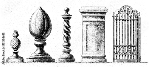 Ornate ironwork elements featuring decorative gate and finials for architectural design