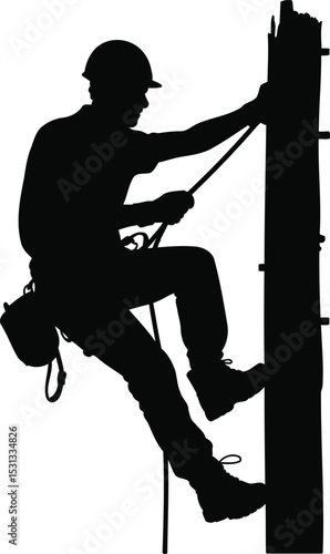 Utility Worker Climbing Pole Silhouette, Transparent Background.