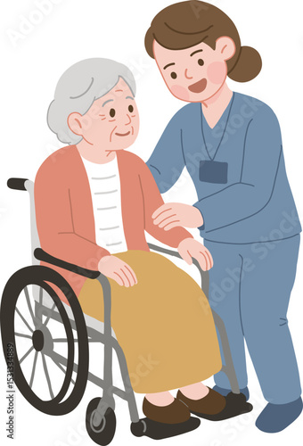 사회복지사, 노인, 휠체어, 벡터, 복지센터, 요양원, 병원, 간호사, 간호, 복지, 실버, 요양보호사, 돌봄