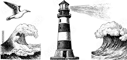 Lighthouse with crashing waves and seagull illustration for nautical decor