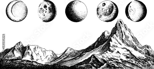 Vintage lunar phases with mountain landscape and star cluster in astronomy concept art
