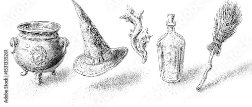 Enchanting witchcraft items: magic cauldron, witch hat, broomstick, potion bottle, and dragon figurine for halloween design