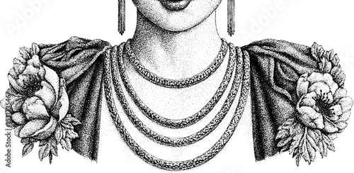 Vintage maximalist floral kimono and layered necklace fashion illustration