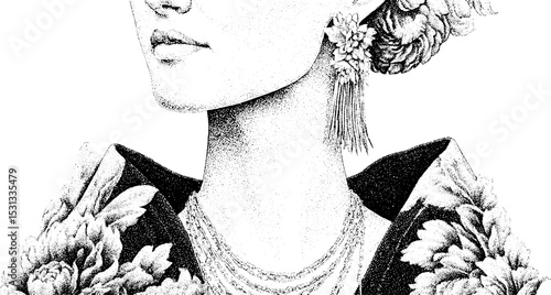 Elegant portrait featuring maximalist floral kimono and layered jewelry design
