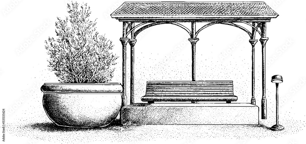 Fototapeta premium Elegant metal pavilion with concrete planter and bench design for outdoor spaces