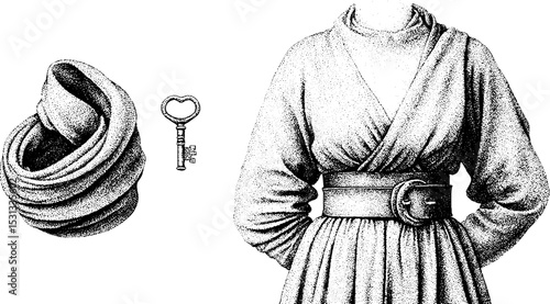 Medieval peasant dress and accessories with wool shawl and antique key