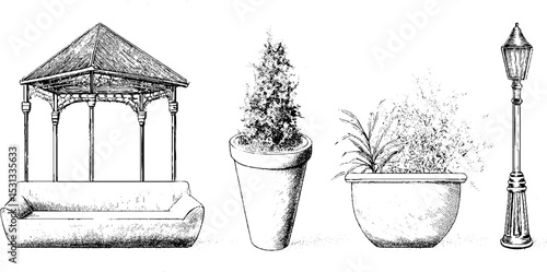 Architectural design elements featuring metal pavilion and concrete planters for urban spaces