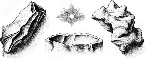 Meteorite fragment collection with impact flash for educational and scientific illustration