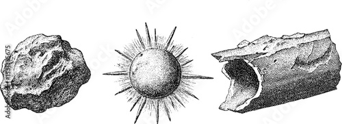 Meteorite fragments and impact flash illustration for educational and scientific use