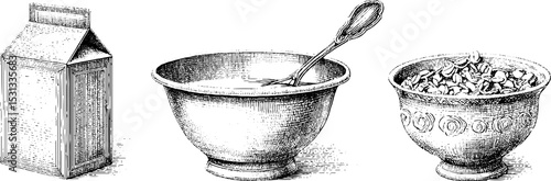 Vintage milk carton, cookie, and cereal bowl engravings for food packaging design
