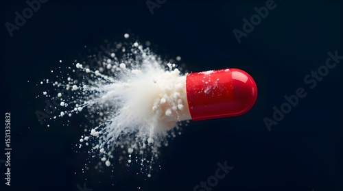 A modern flat design extreme macro close-up of a red and white capsule exploding with powder against a dark background.  The image features small subject detail, simple two-dimensional shapes 