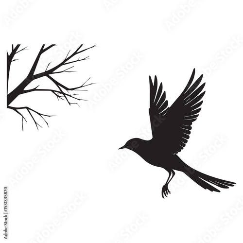 Silhouette of a bird taking flight near a bare branch