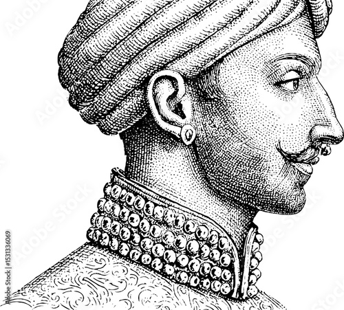 Mughal attire with intricate sherwani and embroidered turban for cultural heritage design