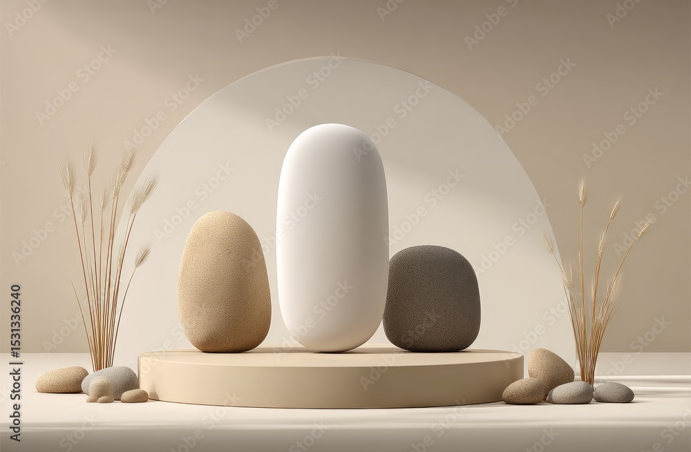 Fototapeta premium Beige and white minimalist scene with smooth stones and dried grasses