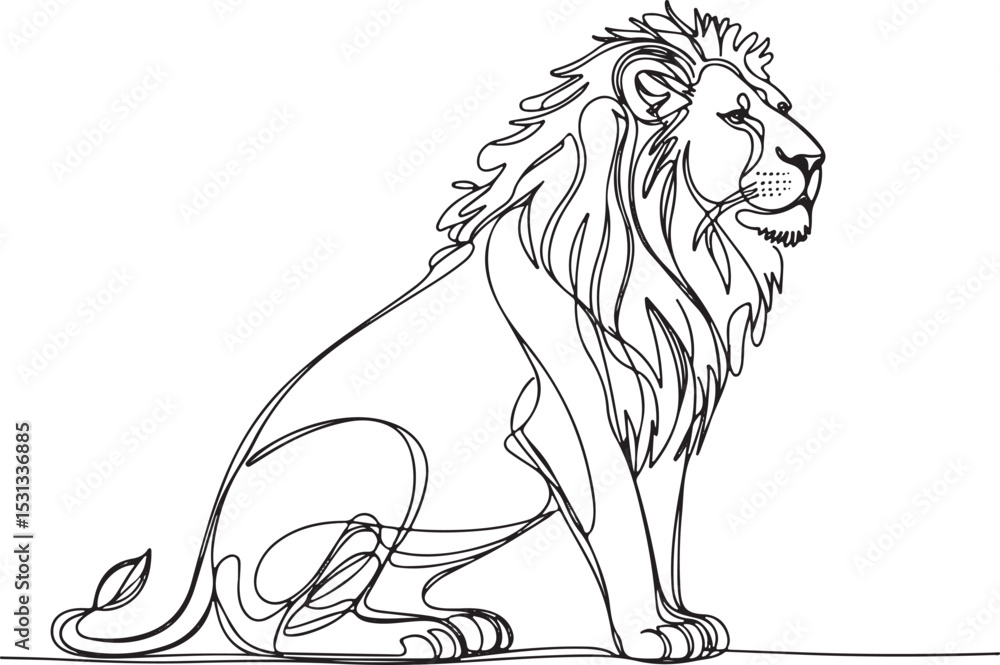 Obraz premium Continuous line drawing of a sitting lion in minimalist black and white profile view with flowing mane