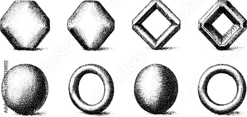 Geometric shapes collection with hexagon grid dot and single line art design