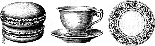 Elegant tea time icons with pastel macarons, vintage cup, and ornate doily