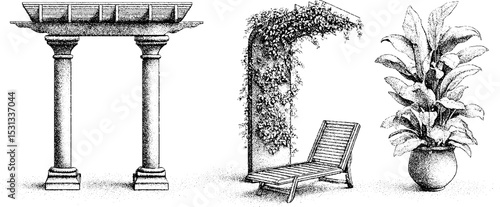 Elegant pergola structure and modern seating pod with decorative plant elements for outdoor design
