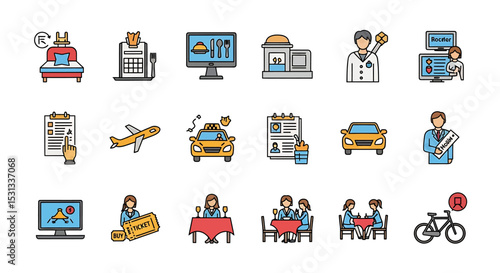 Vector icons Set of  Colorful Collection of Everyday Services and Transportation Icons. Vector Illustrations