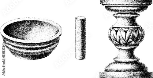 Ornamental planter, column, and water basin set for garden and outdoor seating design