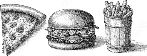 Classic fast food combo with pizza, burger, fries, and soda