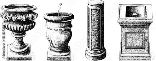Elegant garden decor featuring planter column and water basin with seating design