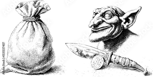 Mischievous goblin with dagger and bag of coins for fantasy design