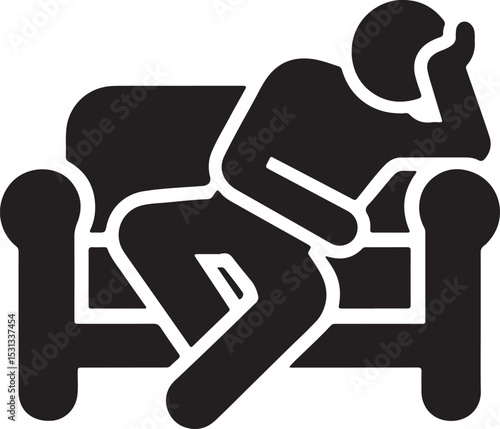 A stylized black silhouette of a person reclining on a couch with their hand on their head