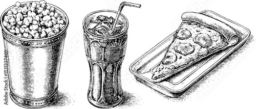 Vintage cinema snack set with popcorn, pizza slice, and soda for retro food design