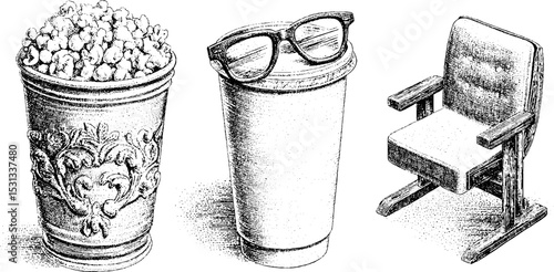 Cinema experience with popcorn, soda, and 3d glasses for movie night concept