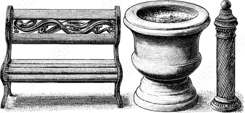 Urban design elements: ornate public bench, classic planter box, and led bollard